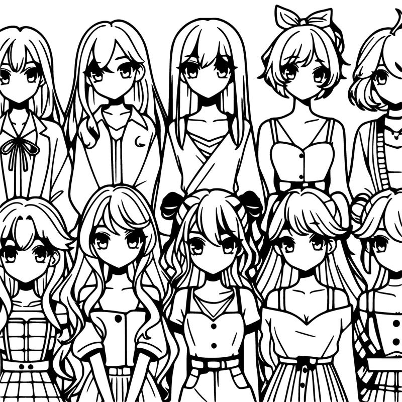 8 beautiful anime girls lined up