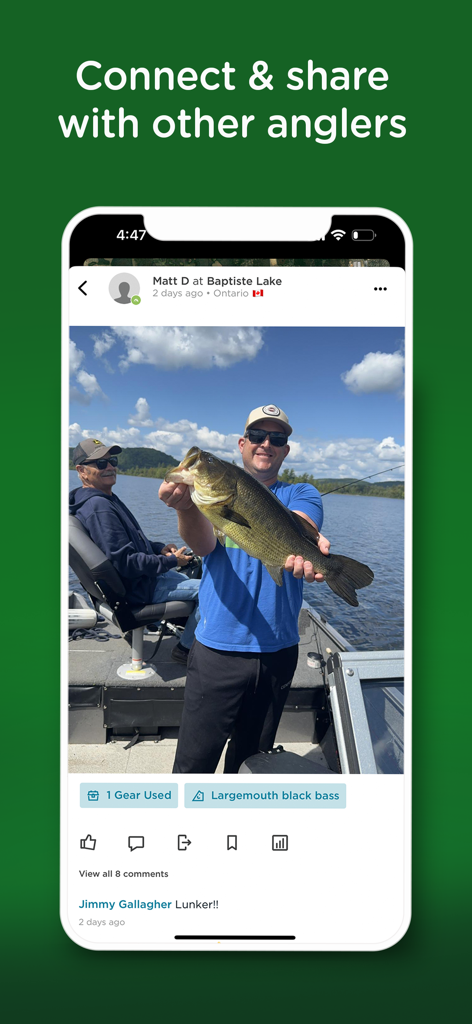 Fishing Spots - Fish Maps - Angler teilt einen Fang von Largemouth Bass im sozialen Feed der Angelplätze-App