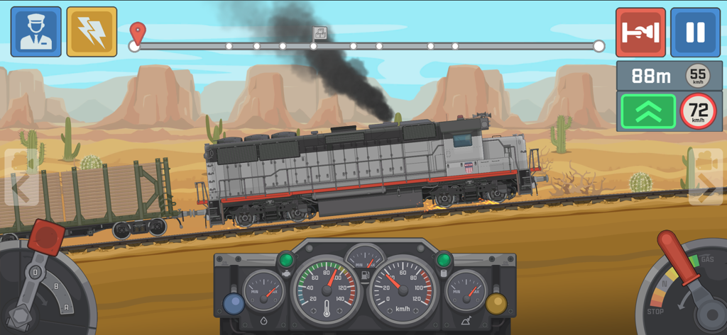 Train Simulator: Railroad Game - Vista lateral 2D de una locomotora diésel transportando carga en un desierto con indicadores de control del motor