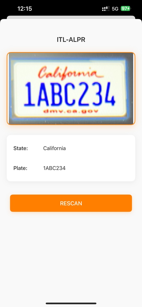 ITL-ALPR - ITL-ALPR app interface showing a successfully recognized California license plate with extracted text
