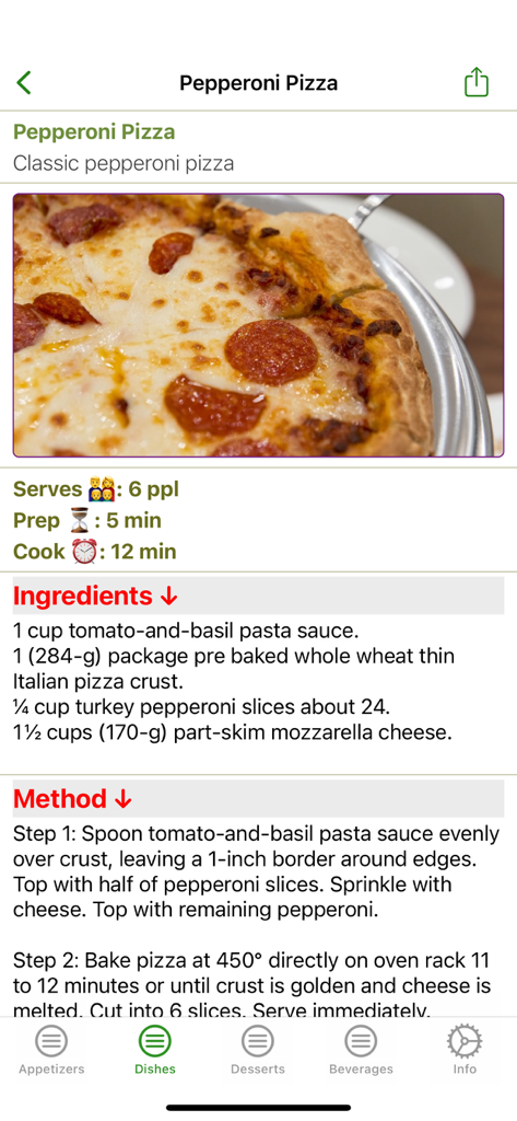 My Recipes: Create and Share - Rezeptansicht für Pepperoni-Pizza, die Zutaten, Zubereitungszeit und Kochschritte in der Meine Rezepte App anzeigt.