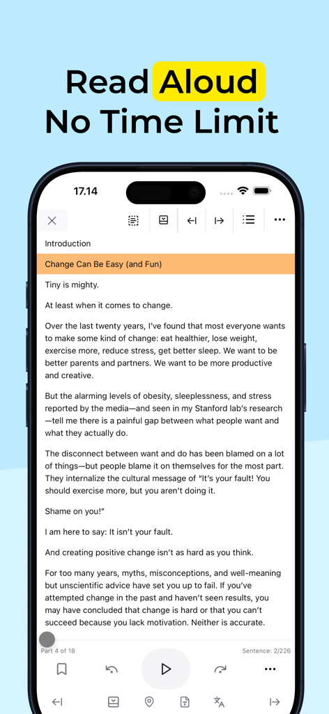 TTS Reader Pro Read Text Aloud - A smartphone displaying a text document within the TTS Reader Pro app with a play button and headline stating Read Aloud No Time Limit.