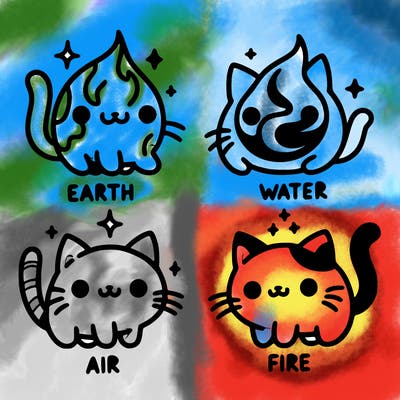 4 cats that represent the different elements, earth, water, air, and fire