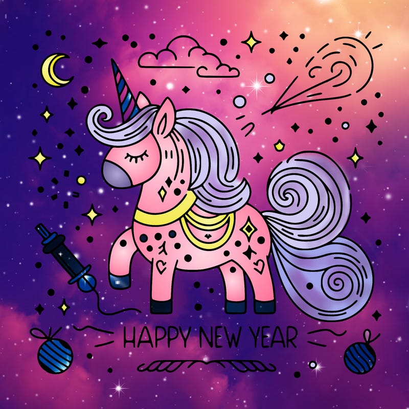 happy new year illustration calligraphic style outline; thin lines; light colors