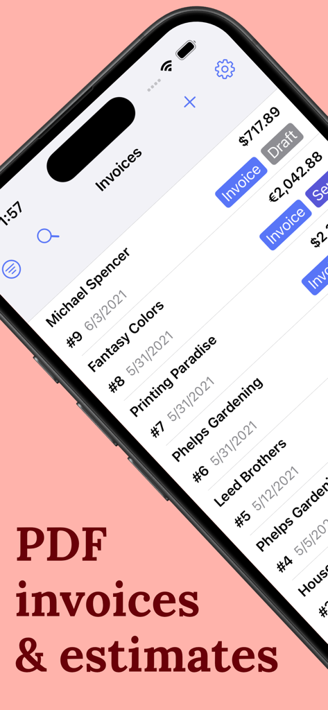 Invoice Maker: SubTotal - Pantalla de smartphone mostrando una lista de facturas y presupuestos profesionales en PDF en la aplicación SubTotal