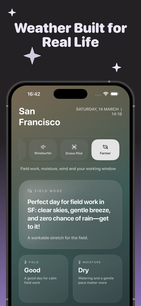 Weather Assistant AI app showing farmer mode with specialized field work advice