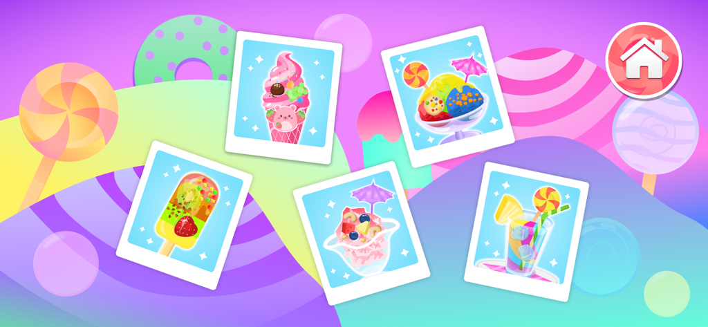 Polaroid photos of various colorful ice cream treats and desserts in a bright kids game menu