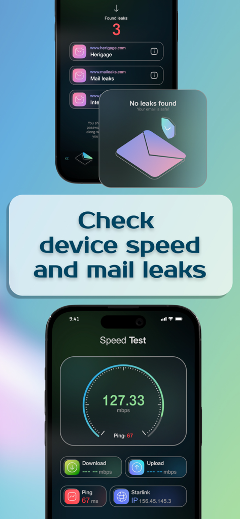 Espion SecureNet VPN - Interface of Espion SecureNet VPN app showing an internet speed test gauge and email leak scan results