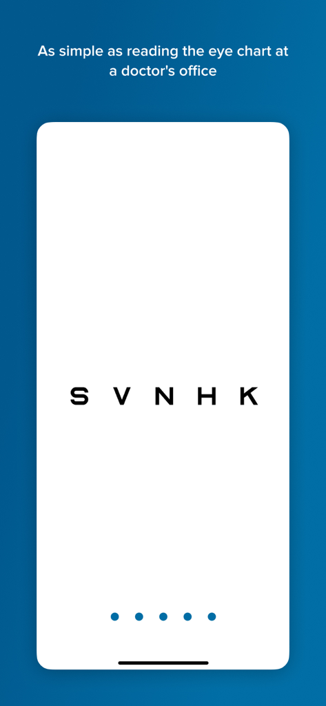 A digital eye chart with letters SVNHK on the Warby Parker Virtual Vision Test mobile app.