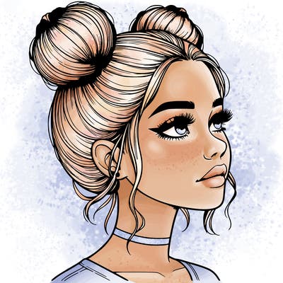 realistic girl with buns on the top of her head
