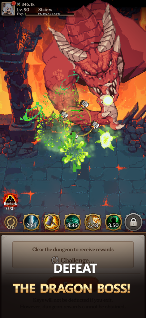 Dungeon Sisters : IDLE RPG - Pixel art screenshot of a battle against a giant red dragon boss in Dungeon Sisters IDLE RPG with the text Defeat the Dragon Boss.