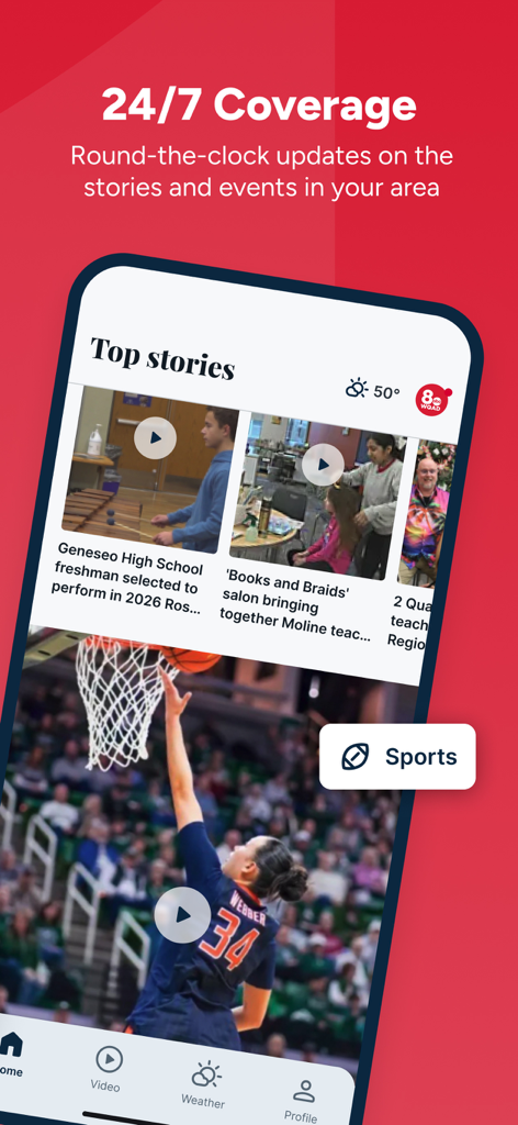 A mobile app screen for WQAD News 8 displaying top stories and local sports coverage with a 24/7 coverage headline