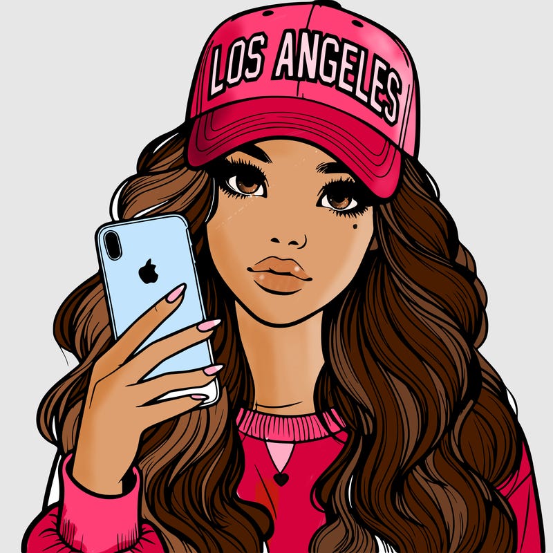 realistic beautiful girl wearing los ángeles cap holding an iphone