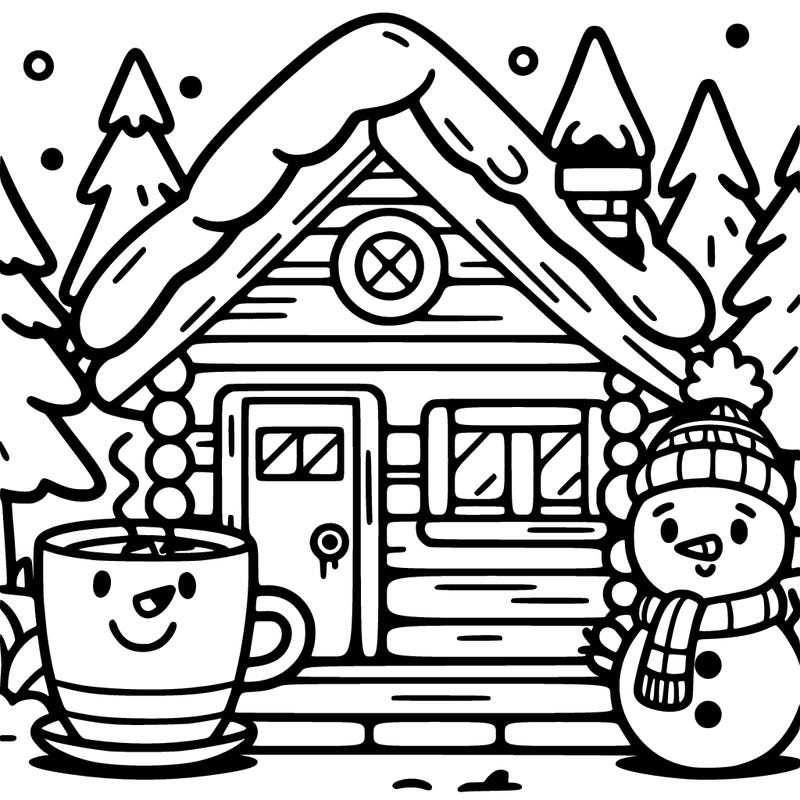 cabin with a hot coco with a cute face and a snow man outside