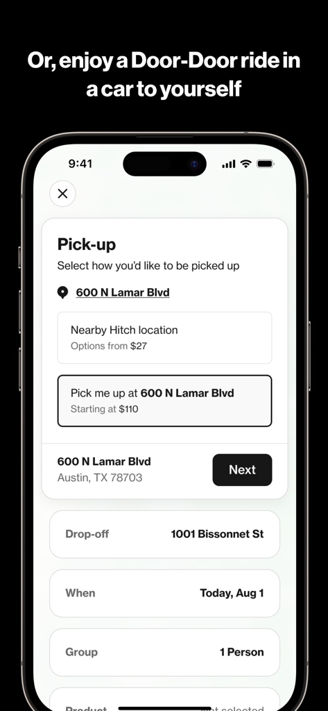 Hitch - City-to-City Rideshare - Hitch app interface showing pickup and drop-off options for a city-to-city ride