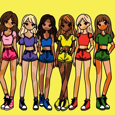a group of girls wearing crop tops and shorts