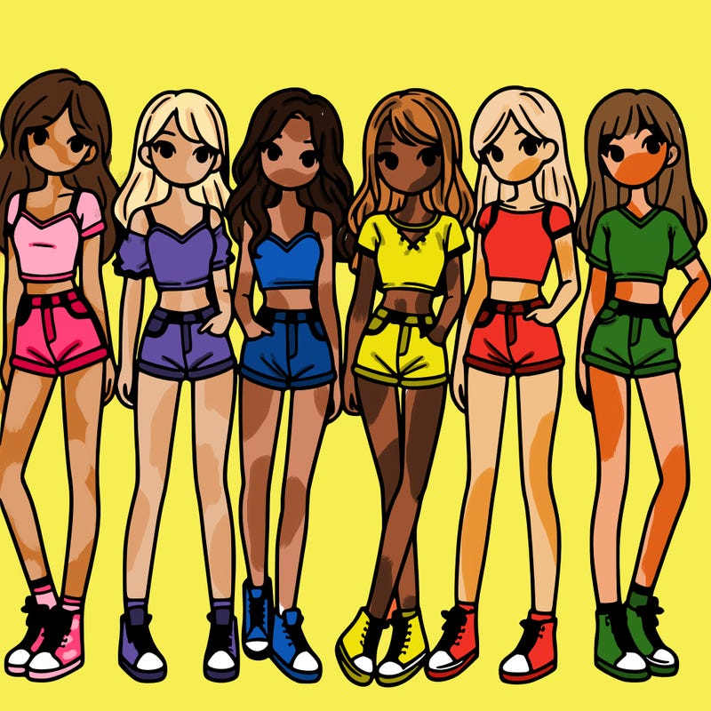 a group of girls wearing crop tops and shorts
