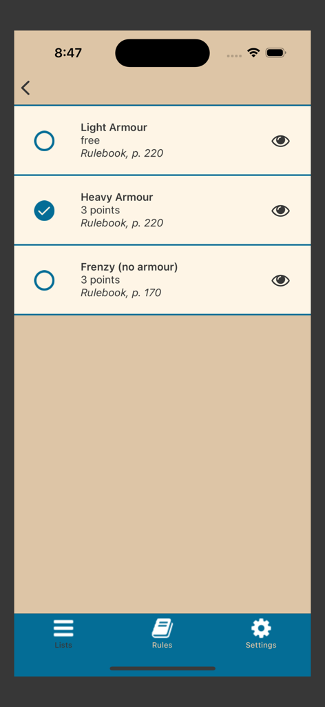 Screen displaying unit equipment choices with points and rulebook references in the 2nd in Command app.