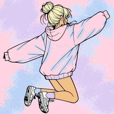 realistic girl jumping with a bun and oversized sweatshirt