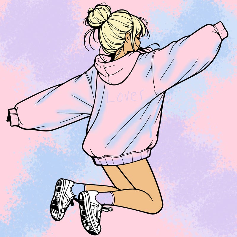 realistic girl jumping with a bun and oversized sweatshirt