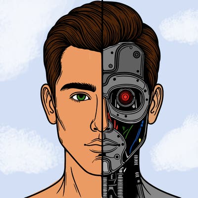 half cyborg half human line down middle realistic
