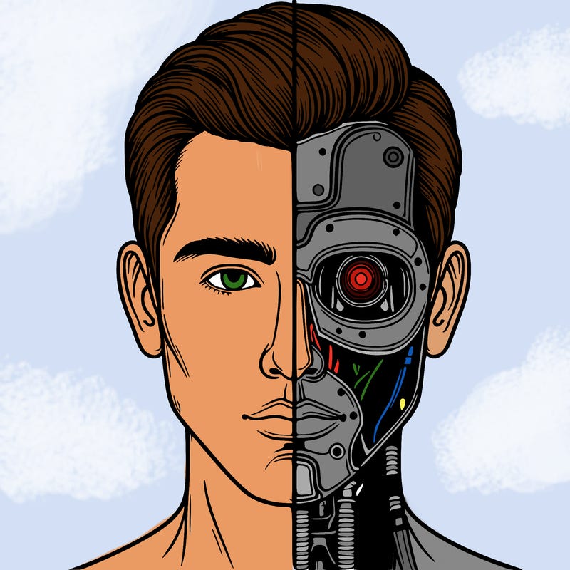 half cyborg half human line down middle realistic