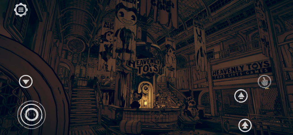 Bendy and the Dark Revivalのゲームプレイ。セピア調のカートゥーンバナーとモバイルコントロールがあるHeavenly Toysショップを表示