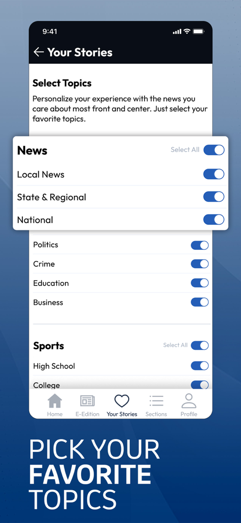 The Buffalo News App - Buffalo News app interface showing the your stories screen to select and personalize news topics like sports and local news