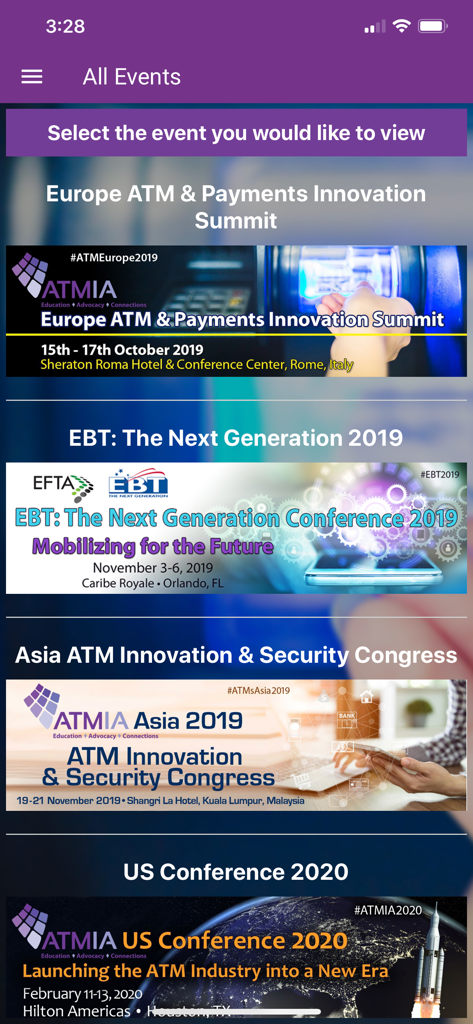 ATMIA - ATMIA app screen showing a list of global banking and payment conferences