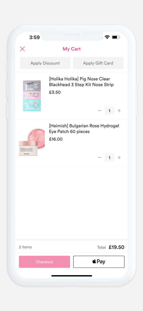 LIKESKIN - The shopping cart page of the LIKESKIN app displaying selected K-beauty products and checkout options