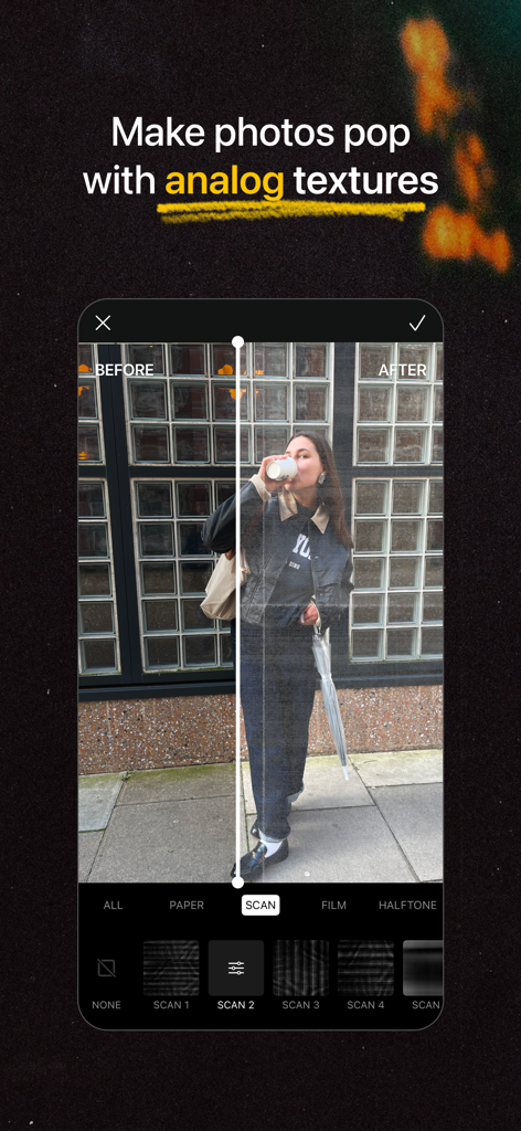 Comparaison photo côte à côte montrant une texture de scan analogique appliquée dans l'interface de l'application 17V28.