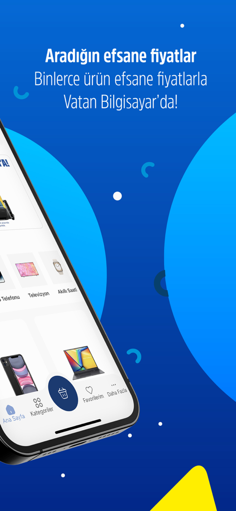 Interface do aplicativo móvel Vatan Bilgisayar apresentando vários produtos eletrônicos e categorias em uma tela de smartphone