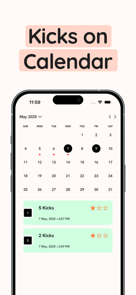 Baby Kick Counter & Tracker・ - Pregnancy calendar view showing logged baby kick sessions and summaries