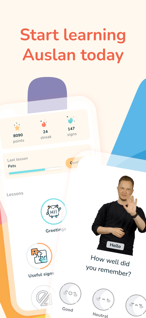 Mobile app interface for learning Auslan with video lessons and progress tracking