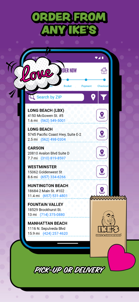 Ikes Love Rewards app displaying a list of sandwich shop locations for pickup and delivery