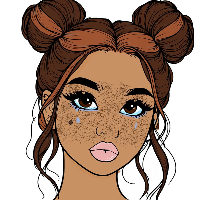 realistic girl with two buns on her hair and lips