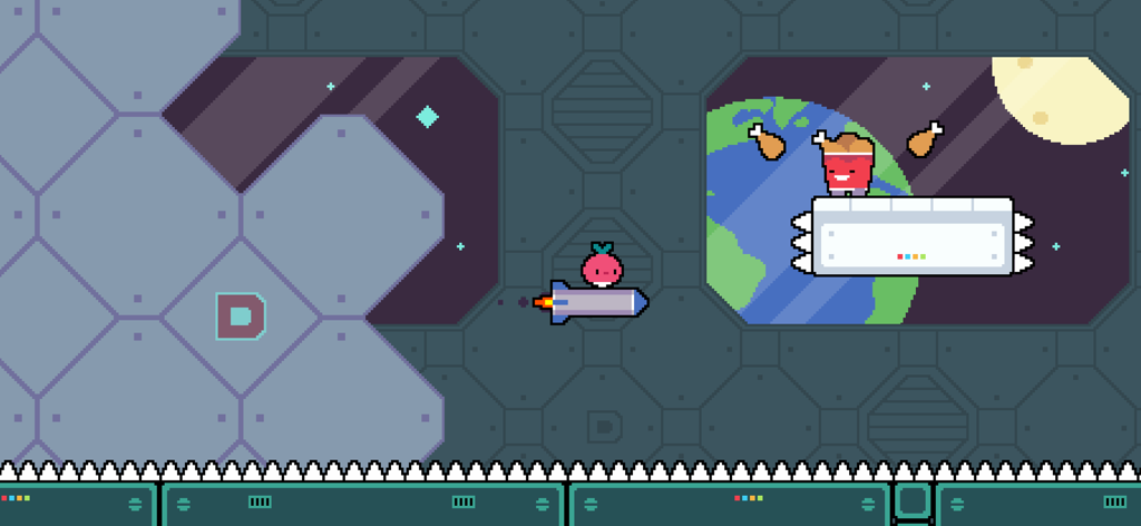 Dadish riding a rocket through a space level with a view of Earth and a fried chicken enemy.