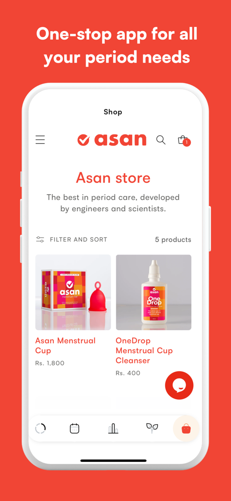 Asan App Shop-Bildschirm mit nachhaltigen Menstruationspflegeprodukten, darunter eine Menstruationstasse und ein Reinigungsmittel