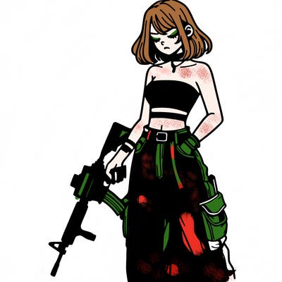 a dangerous girlcrop top and baggy jeans with a rifle in her hand