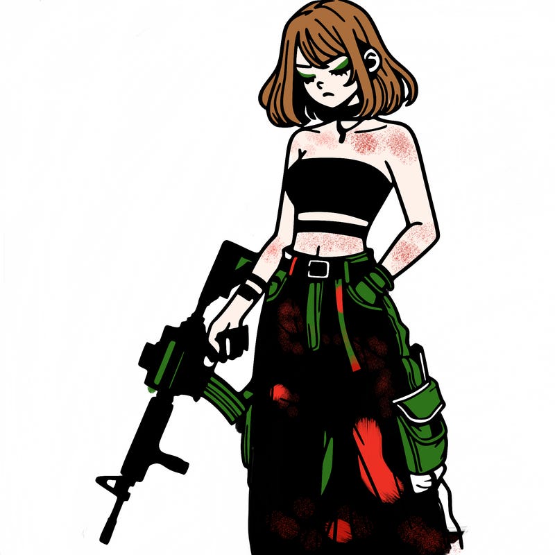 a dangerous girlcrop top and baggy jeans with a rifle in her hand