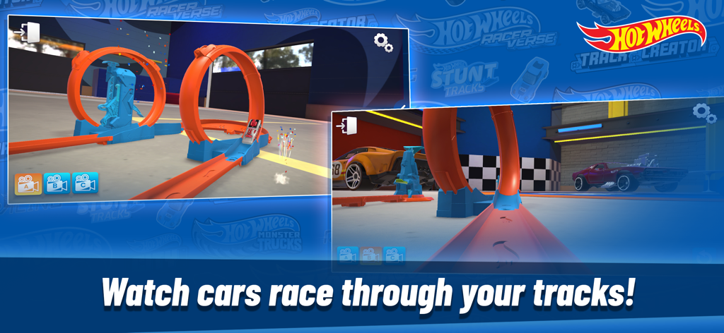 A 3D interactive visualization of Hot Wheels cars racing through orange loops and custom track layouts.