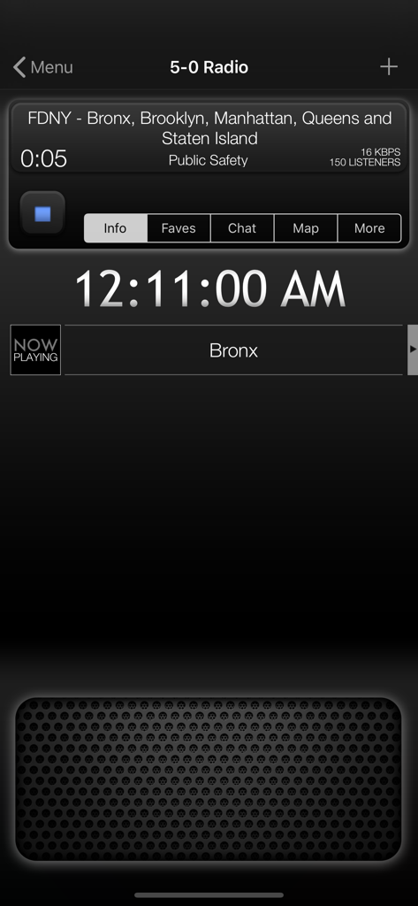 The 5-0 Radio Pro app interface displaying a live FDNY public safety radio feed for New York City with a digital clock and playback controls.