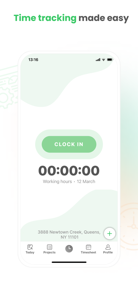 Timey – Work Management - Main dashboard of the Timey app featuring a large green Clock In button and a digital timer for tracking working hours.