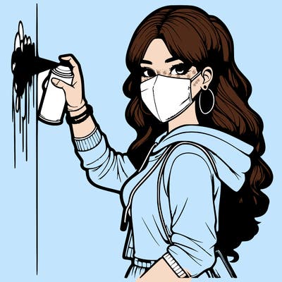 realistic girl with mask spray painting a wall