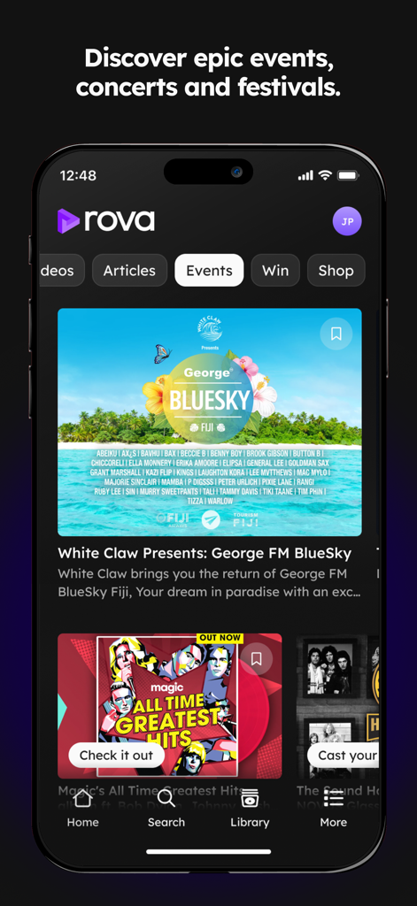 rova app events screen showing concert and festival listings