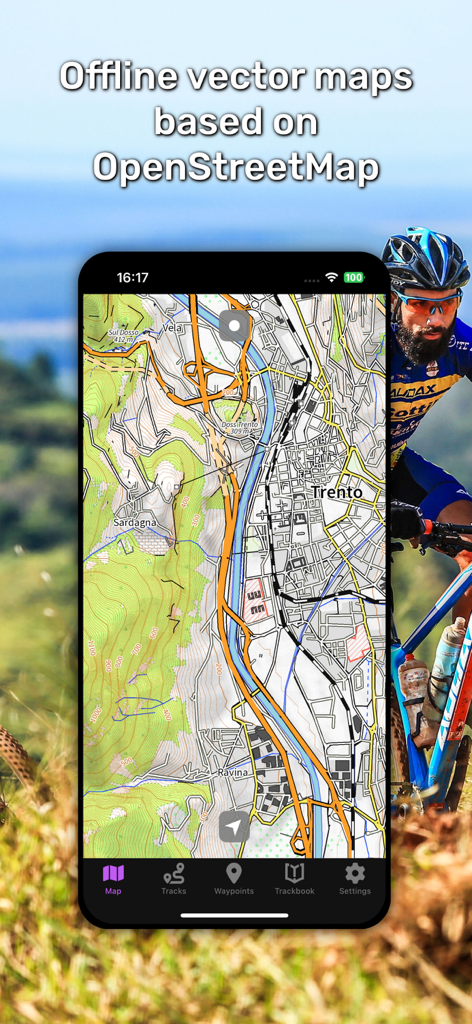 GPX Viewer PRO - Smartphone exibindo mapas vetoriais offline no GPX Viewer PRO para mountain bike