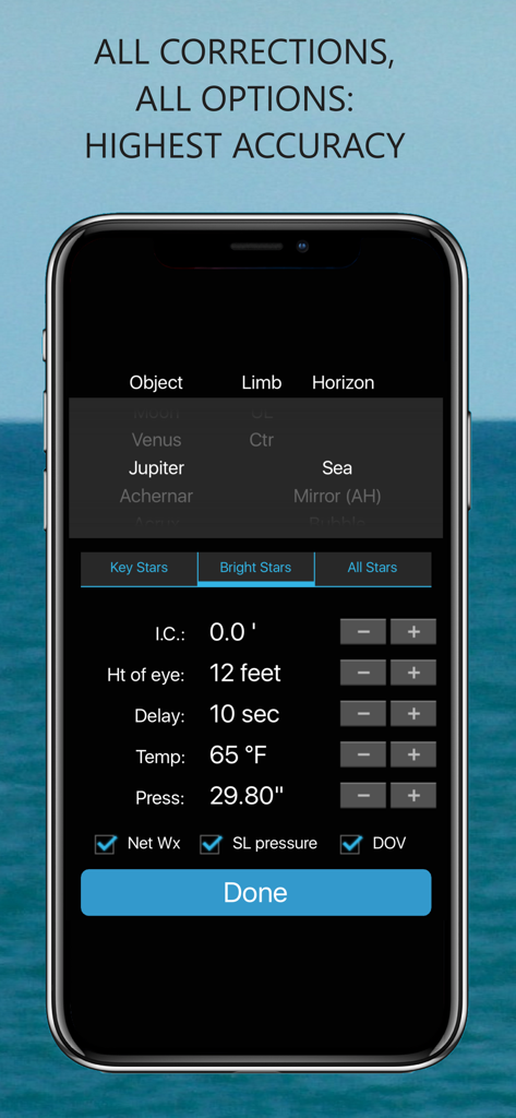 Celestial navigation correction settings for high accuracy maritime positioning