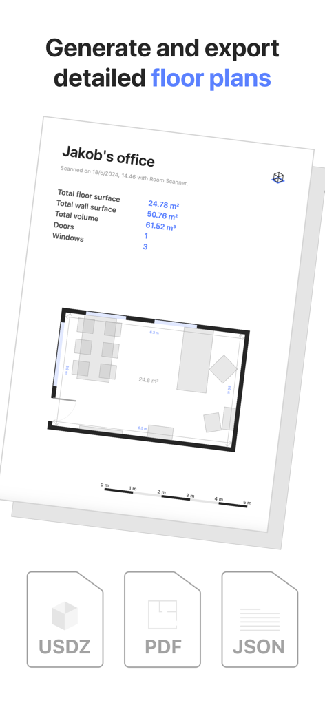Room Scanner 앱에서 생성된 상세한 2D 평면도로, 방 치수와 PDF, USDZ, JSON과 같은 내보내기 형식이 표시됩니다.