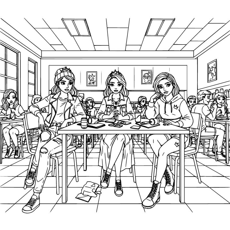 princesses in regular street clothes sitting at a table in a school cafeteria, other students at other tables, these are popular girls