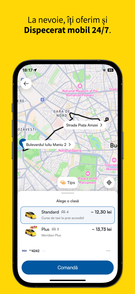 Meridian - Meridian taxi app booking interface showing map of Bucharest and ride options with 24/7 dispatch support